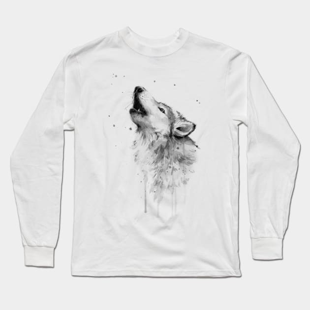 Howling Wolf Watercolor Long Sleeve T-Shirt by Olechka